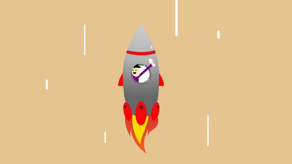 Vector illustration of happy businessman with raised hand in flying rocket after successful startup
